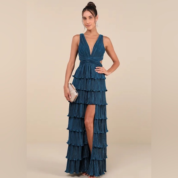 Lulus Dresses & Skirts - Beauty Icon Dark Teal Satin Pleated Tiered Lace-Up Maxi Dress